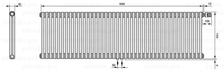 Схема (чертеж) Радиатор Zehnder Charleston 2110/41 №V008 Белый глянцевый RAL 9016